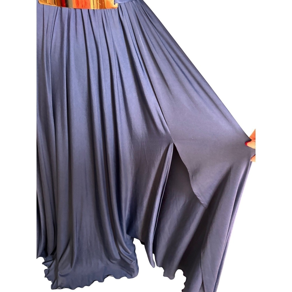 Nicole Bakti Navy Halter Maxi Dress Open Back Gold Belt Formal Gown - Picture 11 of 12